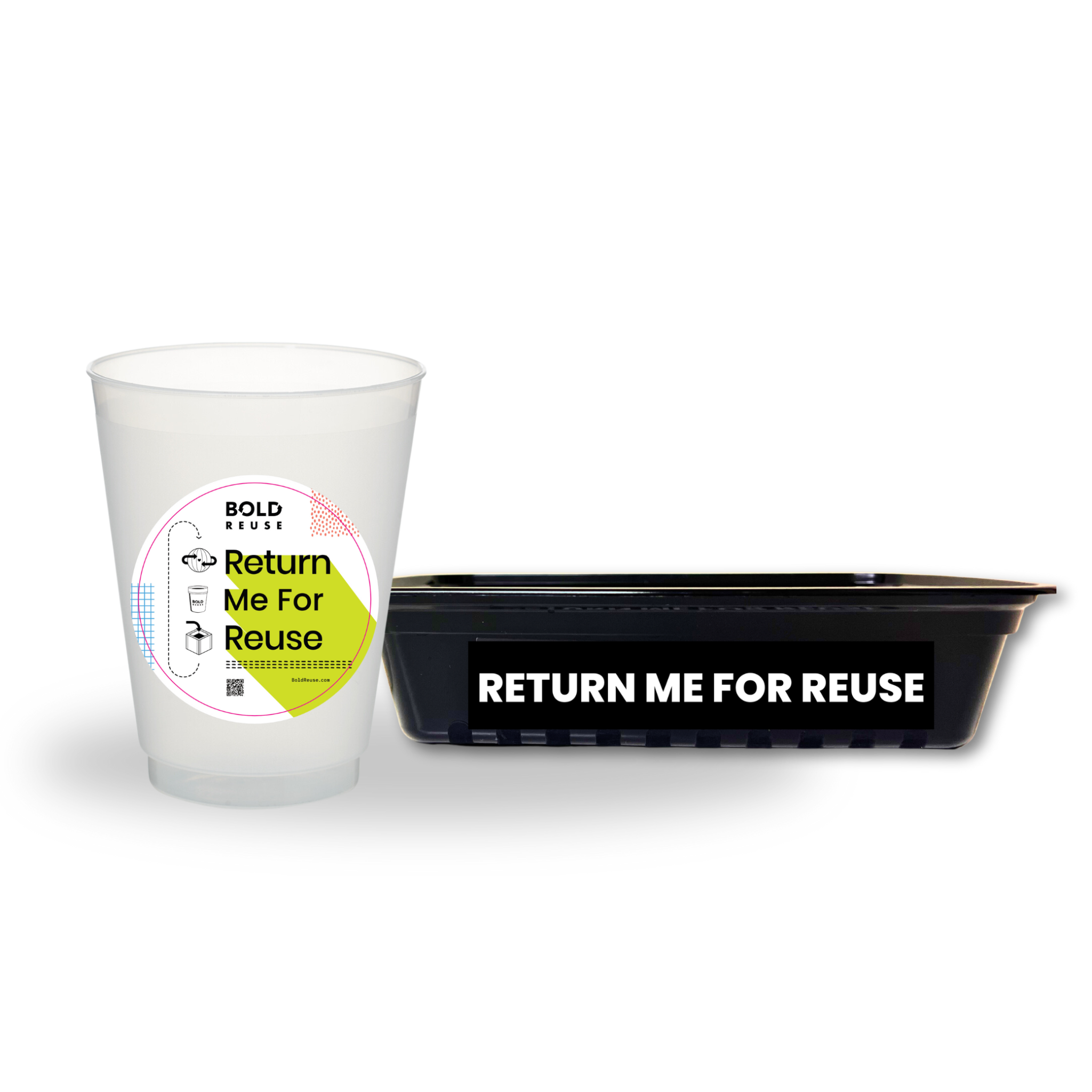 Reusable cup and reusable food tray. Bold Reuse.